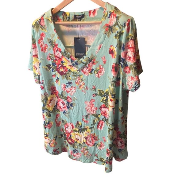 Folunsi NWT Light Green Floral Short Sleeved Tunic Top Sz 3X - Picture 3 of 7
